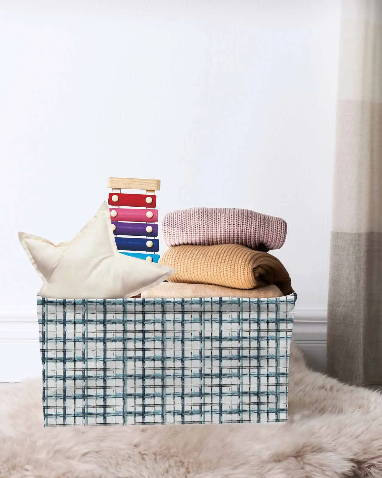 

Grid Watercolor Gradient Basket Clothes Folding Storage Box For Nursery Underwear Toy Organizer Laundry Basket With Hand