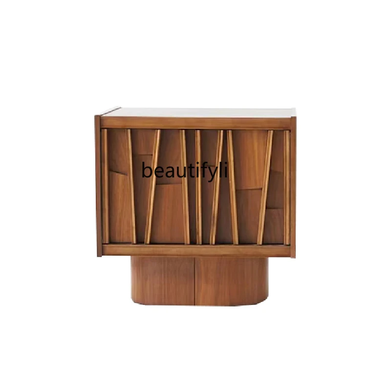 

Retro, bedside table, medieval full solid wood art carved bedroom floor cabinet teak color locker