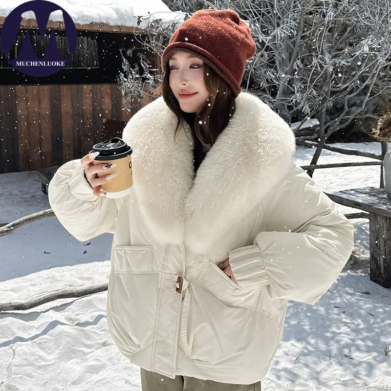 امرأة الشتاء معاطف جديدة أنيقة تقليد الثعلب الفراء طوق رشاقته معطف الكورية موضة عادية فضفاض الدفء قصيرة مكافحة معطف الفرو