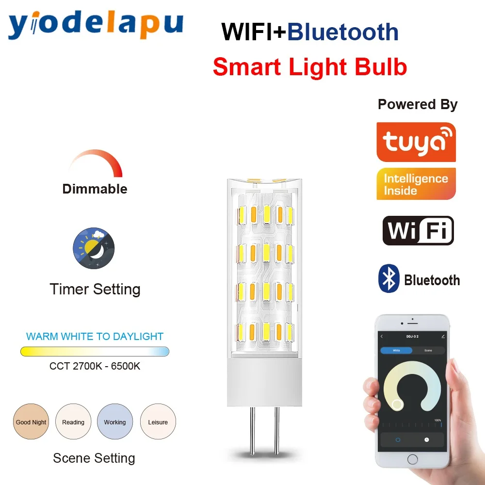 Imagem -05 - Luz Inteligente Regulável Tuya g4 Lâmpada Led Lâmpada Inteligente Controle de Voz Wi-fi Suporte Alexa Google Home dc ac 12v 5w 6w 2700k6500k