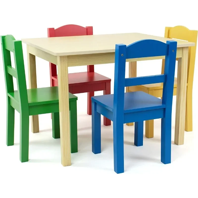 children desk and chair set ，Humble Crew Collection Kids Wood Table & 4 Chair Set, Natural/Primary