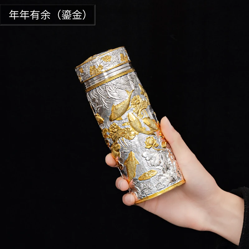 Handmade 999 Sterling Silver Cup, Auspicious Dragon, Baifu Pine Crane Plain Sailing Thermos Teacup Inner Tank Portable Water Mug