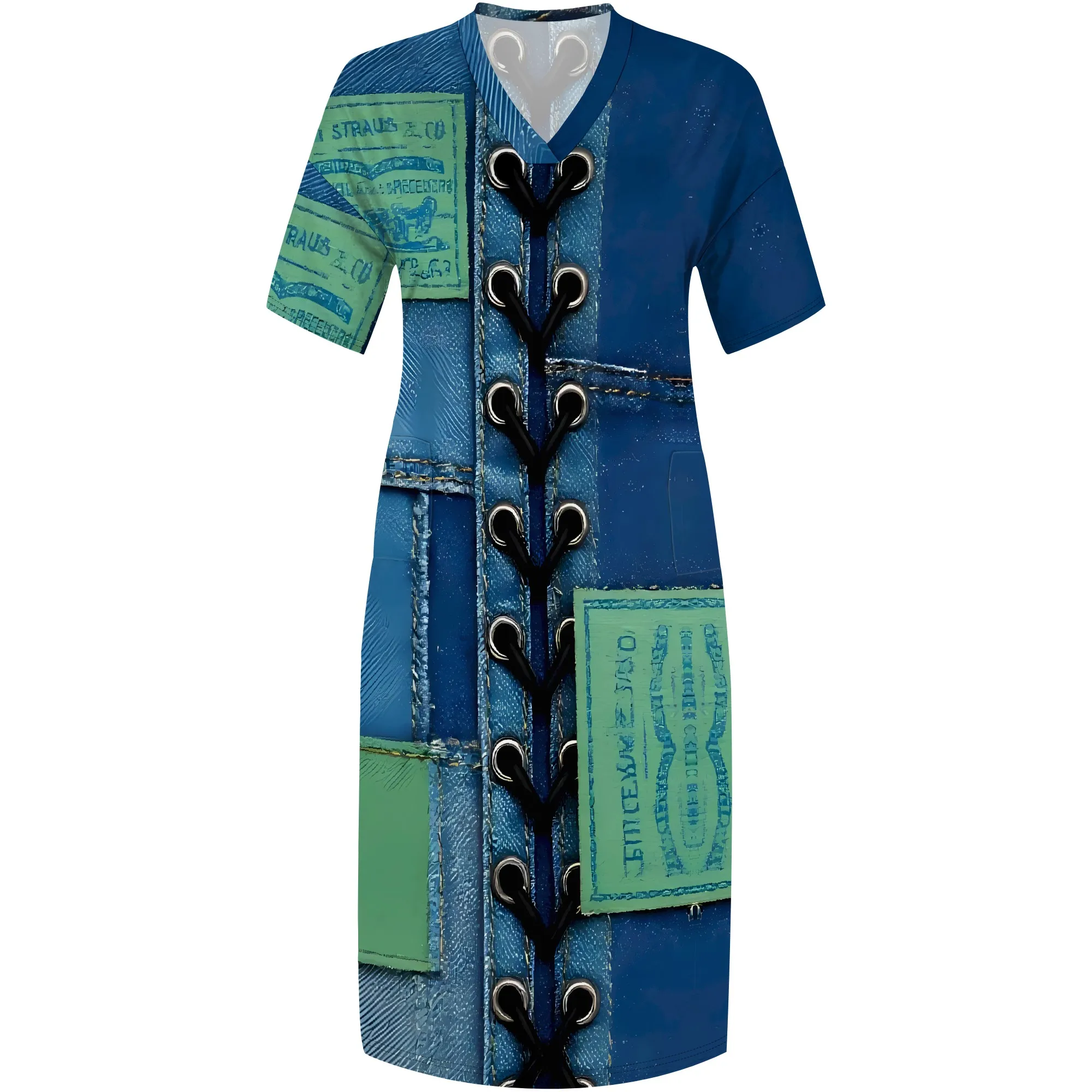 Nupusa Plus Size Maxi Dress Denim Patchwork Print V Neck Short Sleeve Pocketed Dress