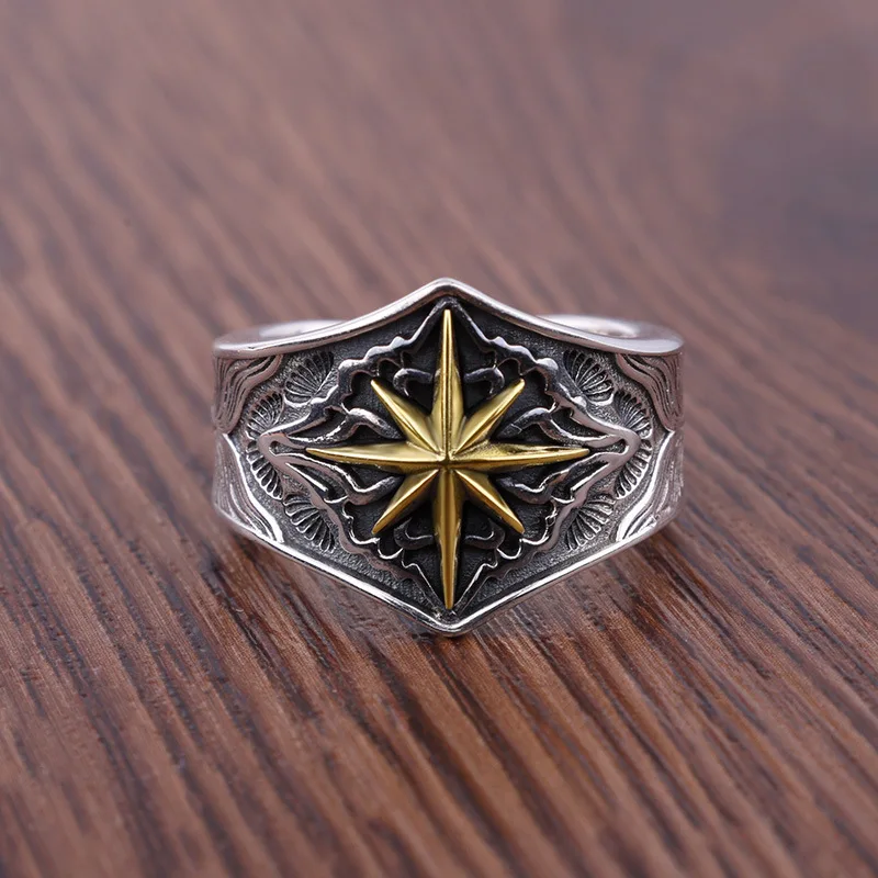 

HX New Six-pointed Star Retro Wide-faced Personality Hip-hop Ring Opening Adjustable Temperament Versatile Fashion Accessories