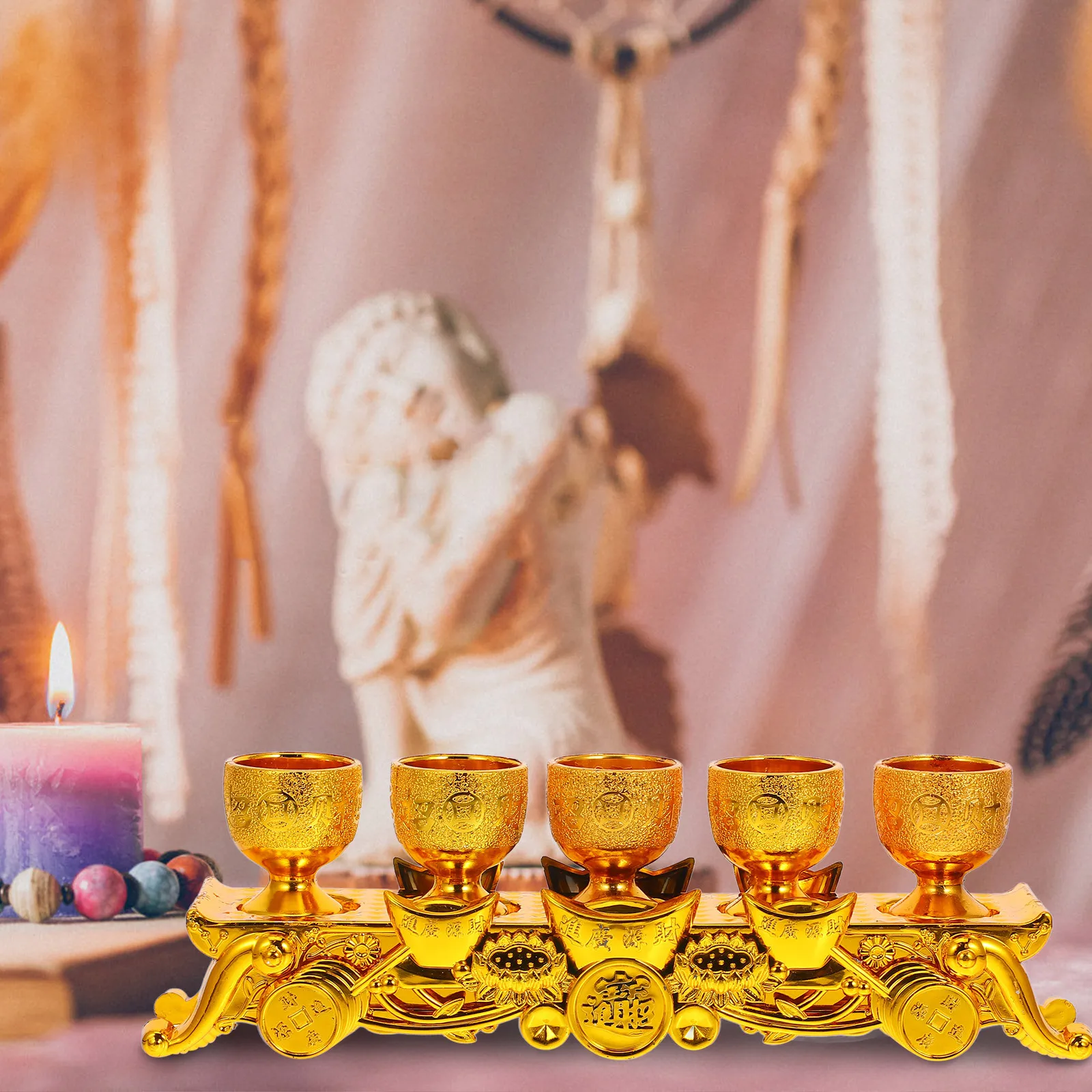 1 مجموعة كأس شاي التضحية البلاستيكية مع قاعدة البوذية التبتية عرض كوب لعبادة المعبد الطقوس المائية الزخرفية