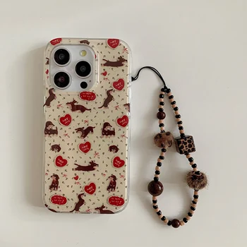 Vintage INS lunares y lindo perro doble capa muñeca cadena teléfono caso para iPhone 16 15 14 13 Pro Max cubierta trasera del teléfono Capa