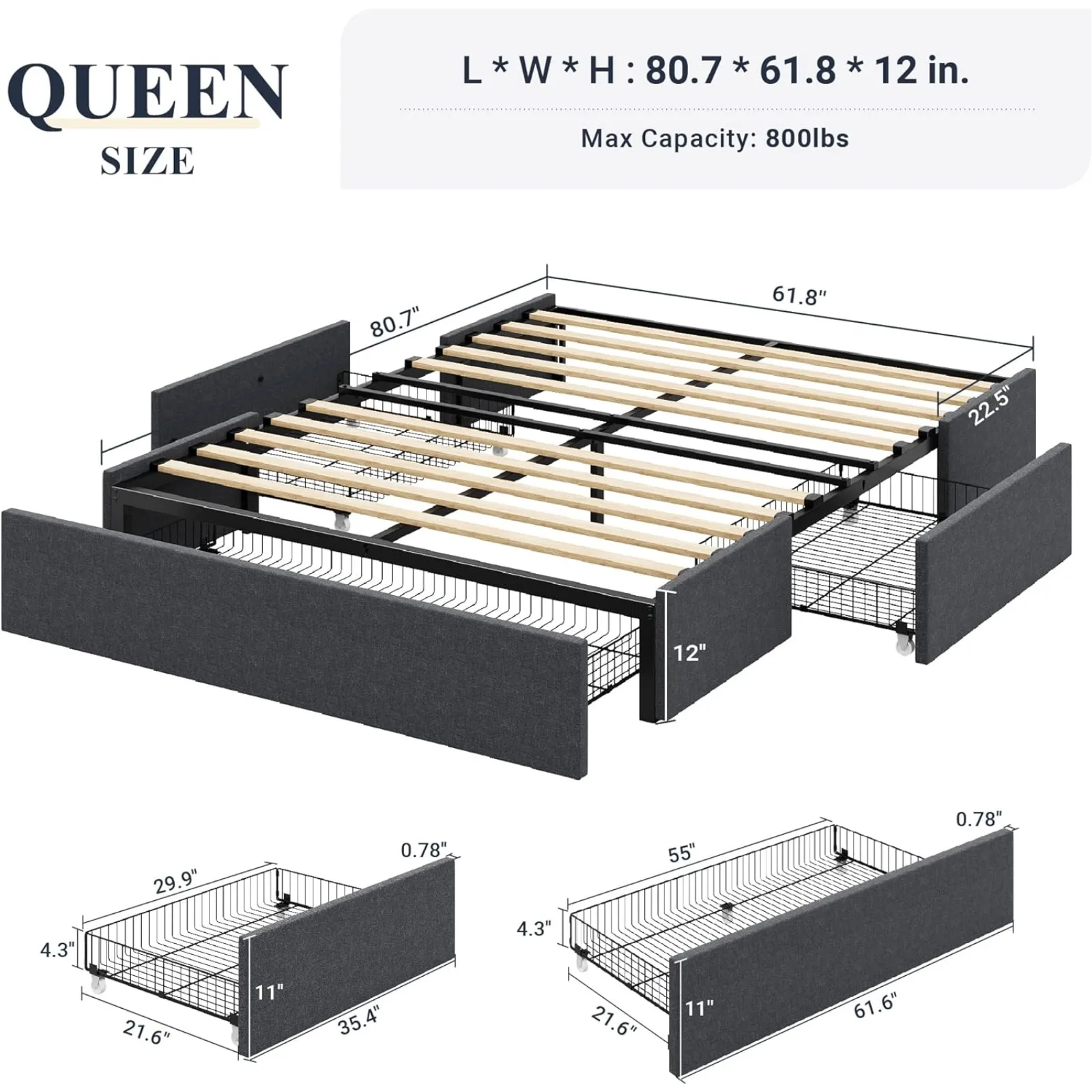 US  Queen Size Platform Bed Frame with 3 Storage Drawers, Fabric Upholstered, Wooden Slats Support, No Box Spring ＞2000mm