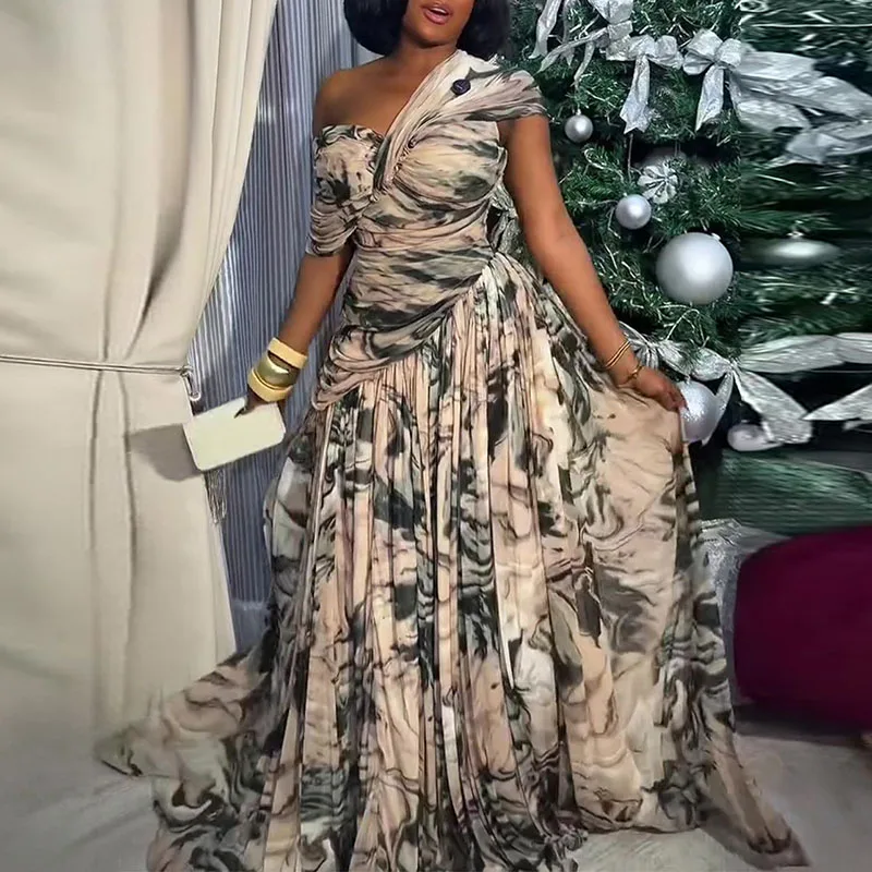 Elegantes Damenkleid mit Schrägkragen, Plissee und Cut-Outs, Sexy Rückenfreies Sommerkleid mit Hoher Taille, Neues Bedrucktes Asymmetrisches Langes Kleid