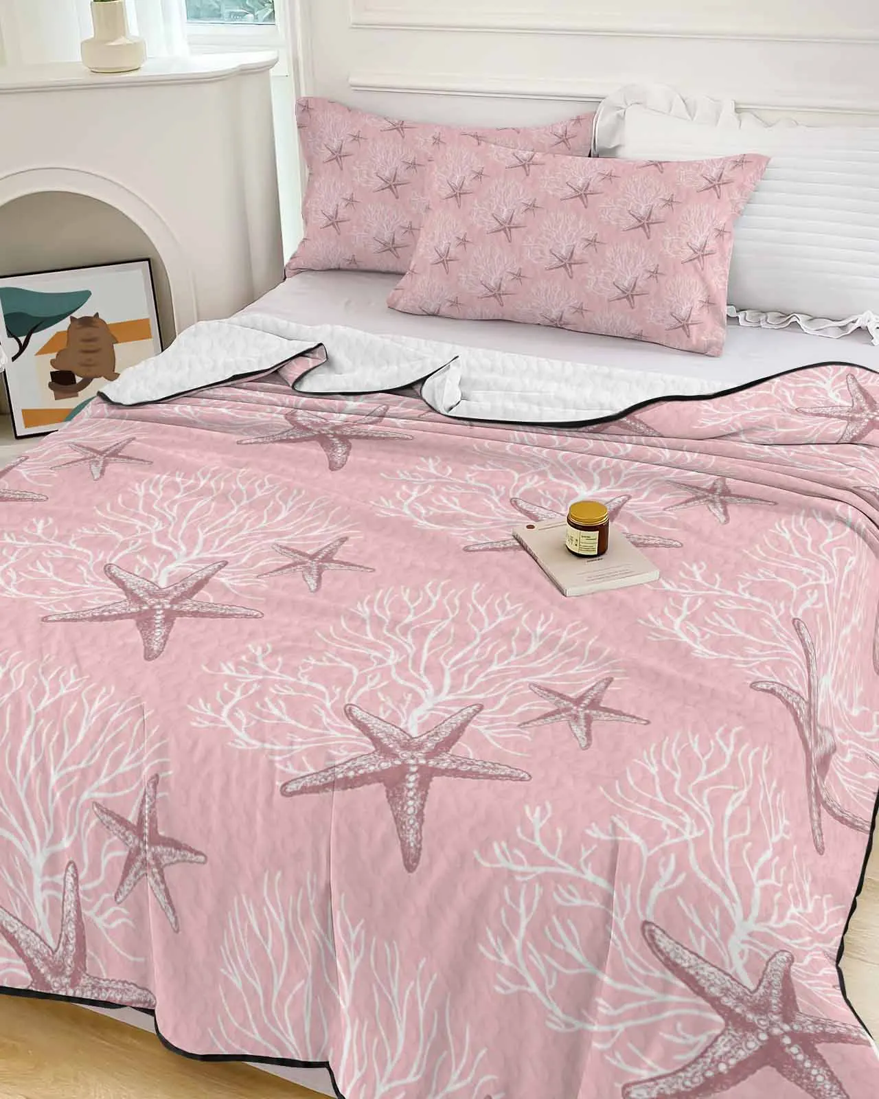 

Coral Starfish Pink Summer Cooling Quilt Air Condition Blanket Comfortable Lightweight Bedroom Thin Quilt