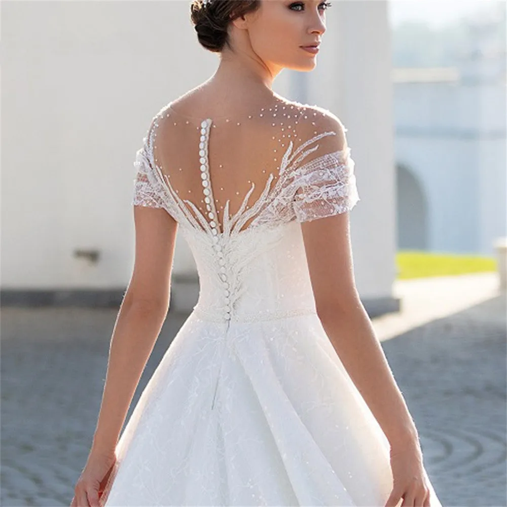 Elegant Women's Lace Bridal Dresses Sexy V-Neck Off Shoulder Princess Wedding Gowns with Back Button Design Formal Beach Party