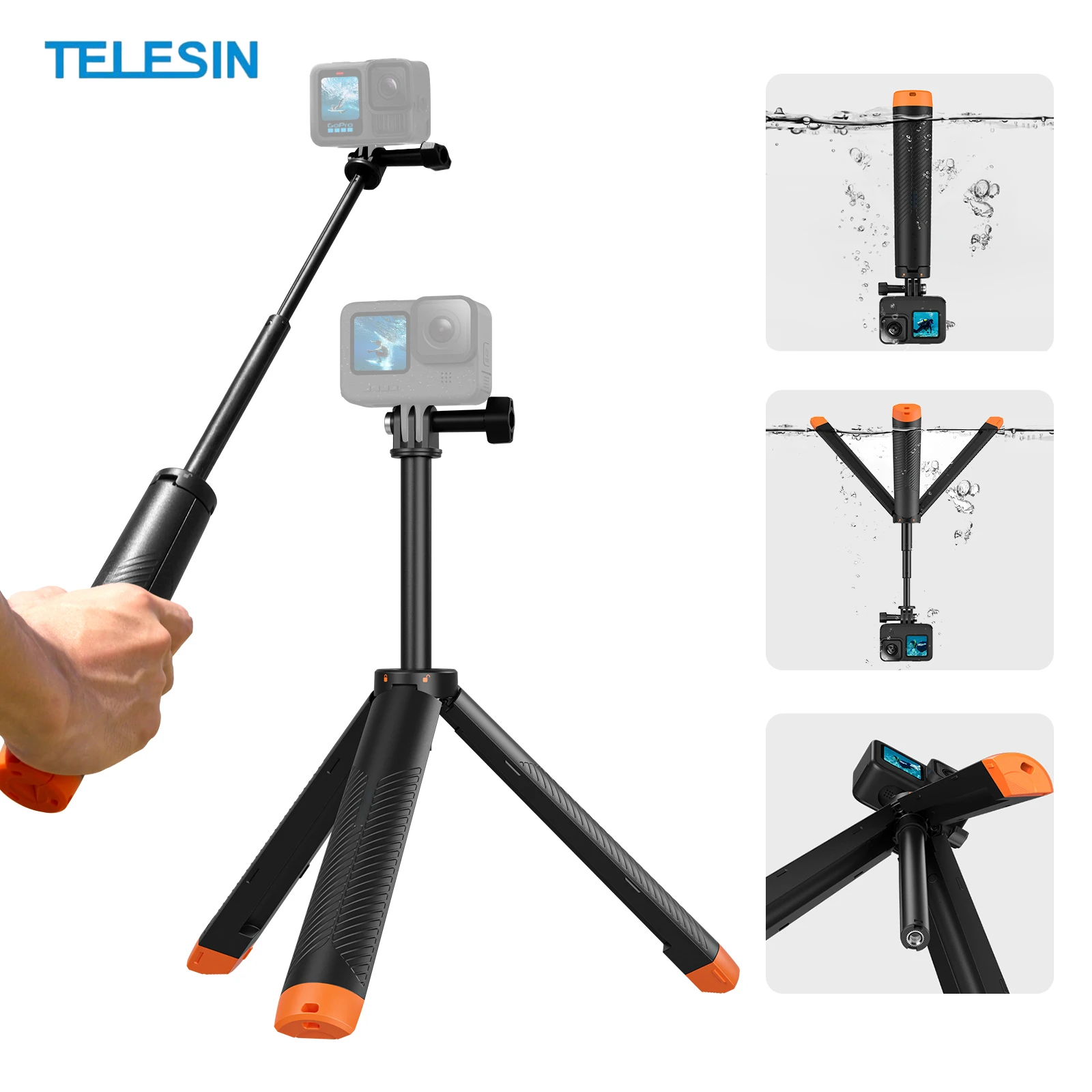 TELESIN Floating Selfie Stick with Tripod  for GoPro Hero13 12 11 DJI OSMO Action Insta360 Lightweight Waterproof Mount for Vlog