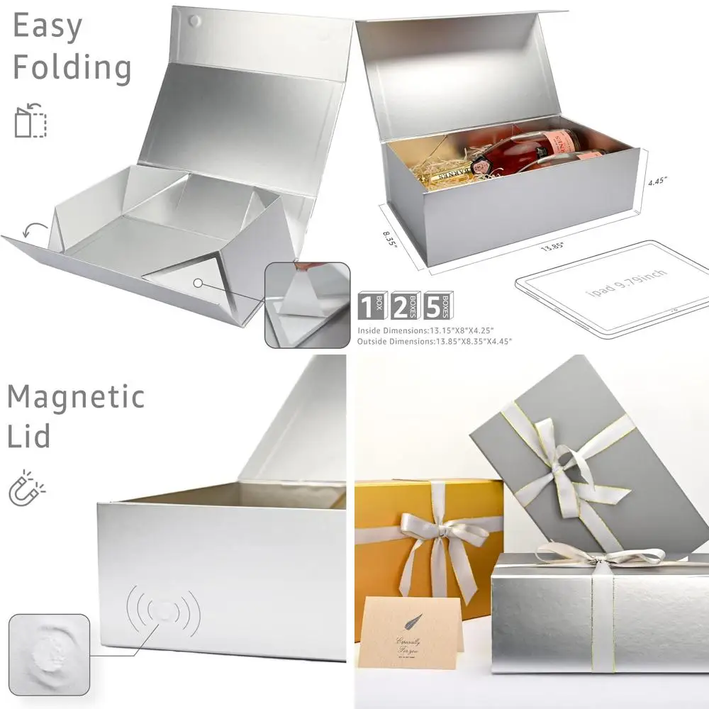 

5 Pack Silver Gift Boxes with Lids, 13.85x8.35x4.45 inches, Includes Ribbon, Card, Shredded Paper Filler for Special Occasions