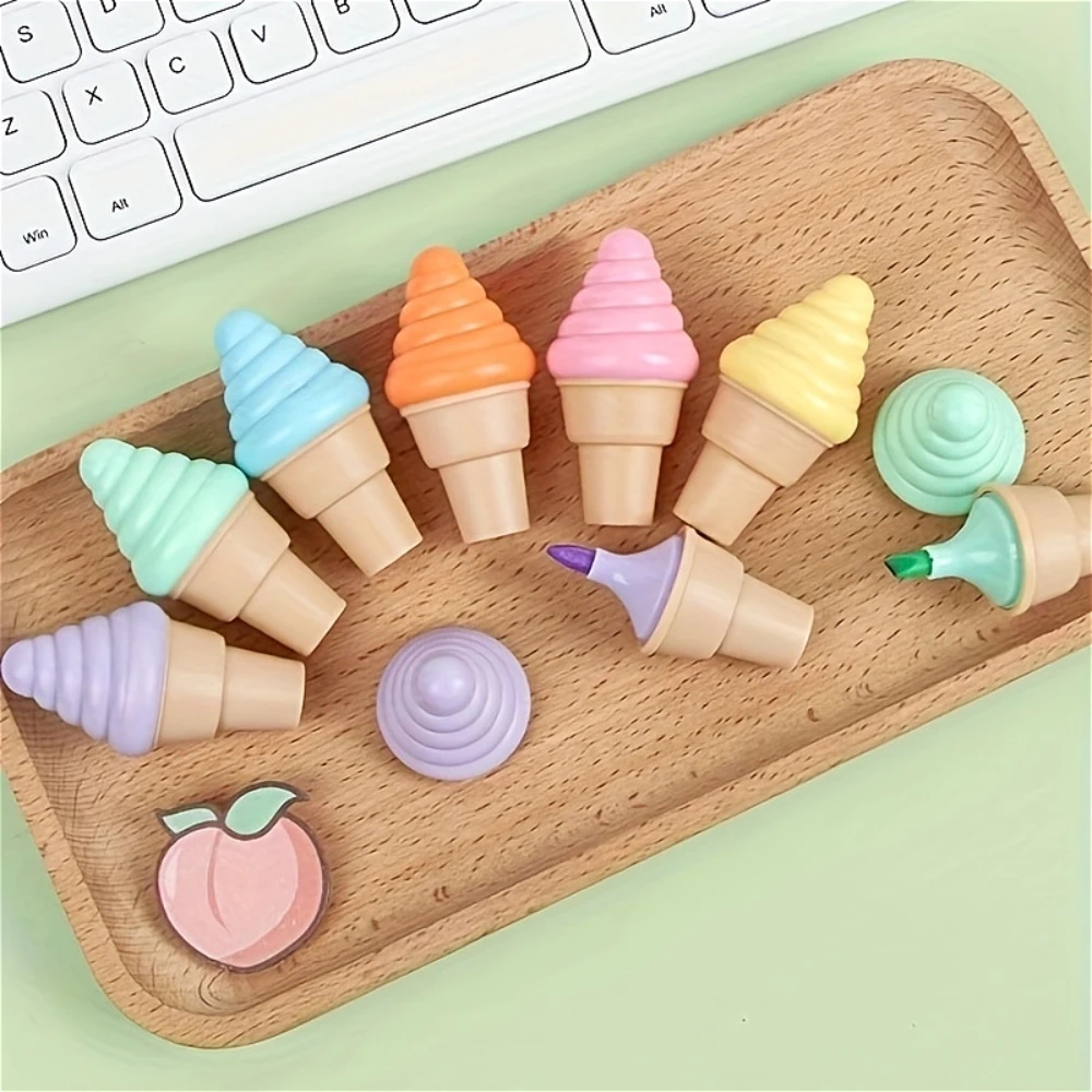 6Pcs Cartoon Ice Cream Cone Fluorescent Pens,Portable, Creative Desktop Small Stationery, Drawing Toys, Party Favor Gifts