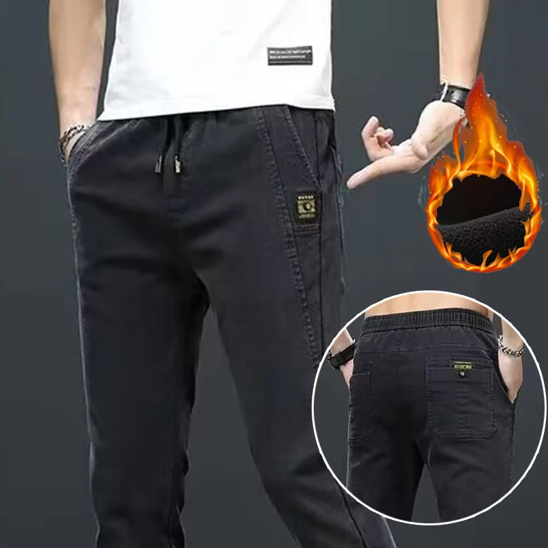 Men\'s Comfortable Business Casual Denim Pants Basic Plush Thermal Straight Leg Trousers Elastic Waist Lace Up Thicken Jeans Male
