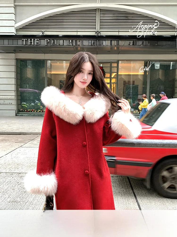 

Двустороннее шерстяное пальто Acaine Red с меховым воротником, 100% шерсть, верхняя одежда для женщин, зимний сезон, повседневный стиль