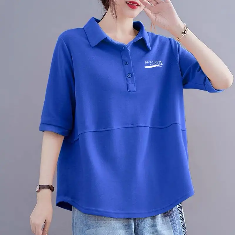 

Fashion Lapel Button Spliced Printed Letter Women's Clothing 2023 Summer New Oversized Casual Pullovers All-match Tee Shirt