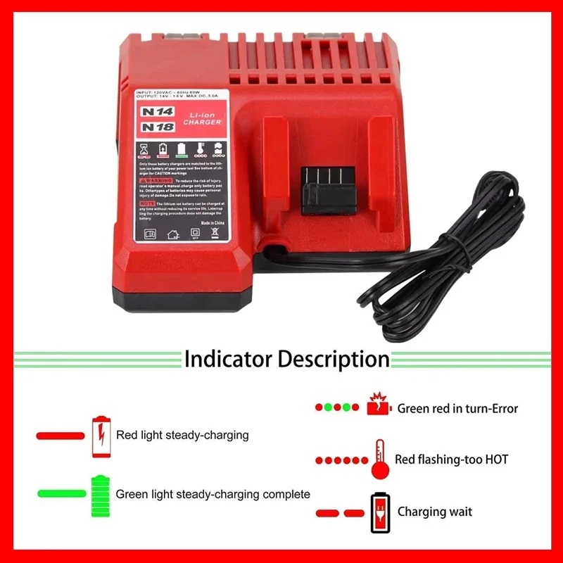 

Replacement Li-ion Battery Charger Multi Voltage Charger for Milwaukee M18 14.4V-18V 48-11-1850 48-11-1840 48-11-1815 48-11-1828
