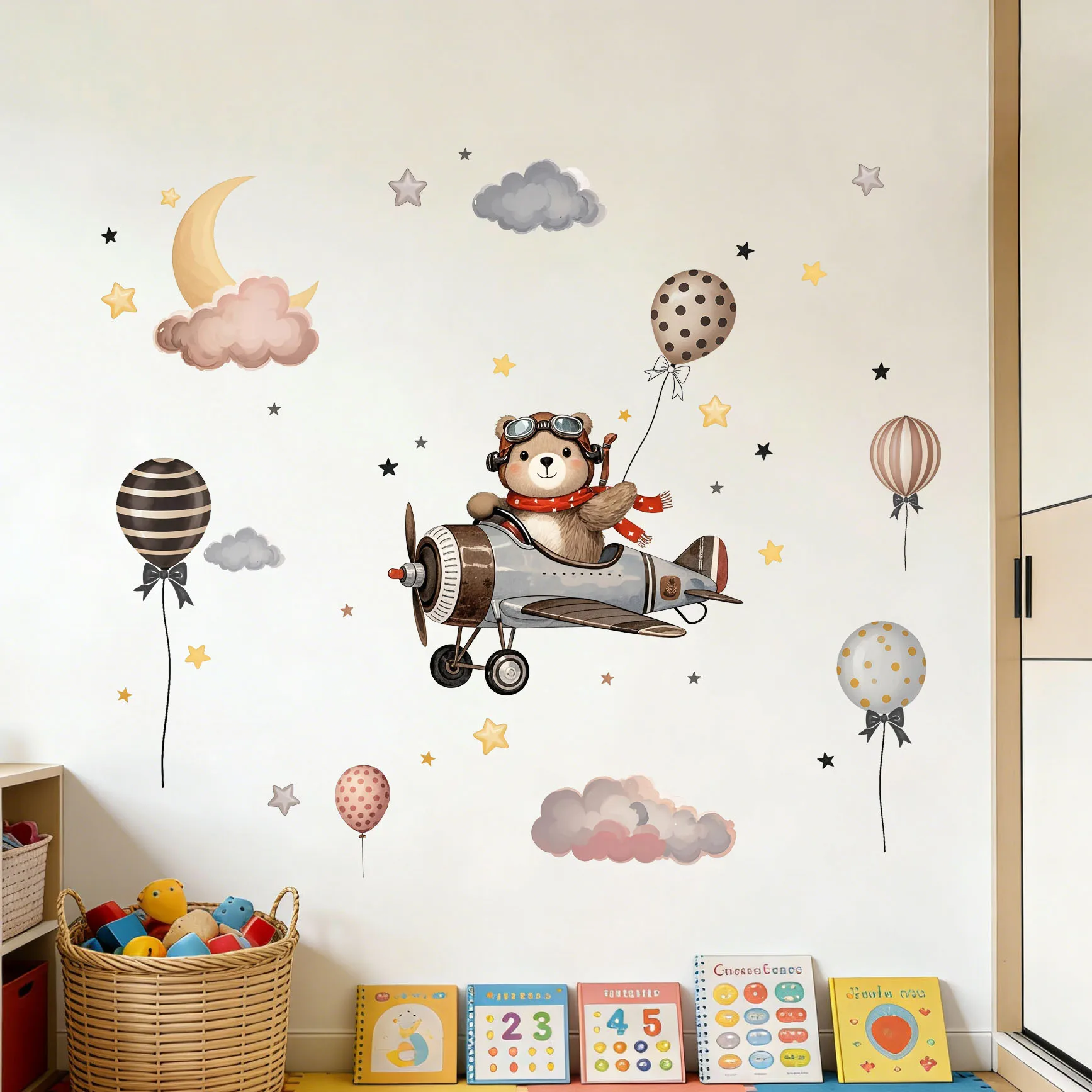 Cartoon Bear Flying Plane Moon Balloon Cloud Star Wall Decals for Kids Room Decor Stickers Home Decor