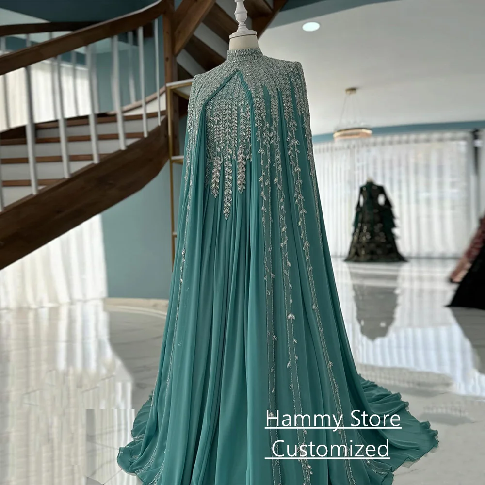 Exquisite Arabian Evening Dress with Cape فساتين سهرات Customized High Neck Long Sleeves Beading Sequined Prom Gown