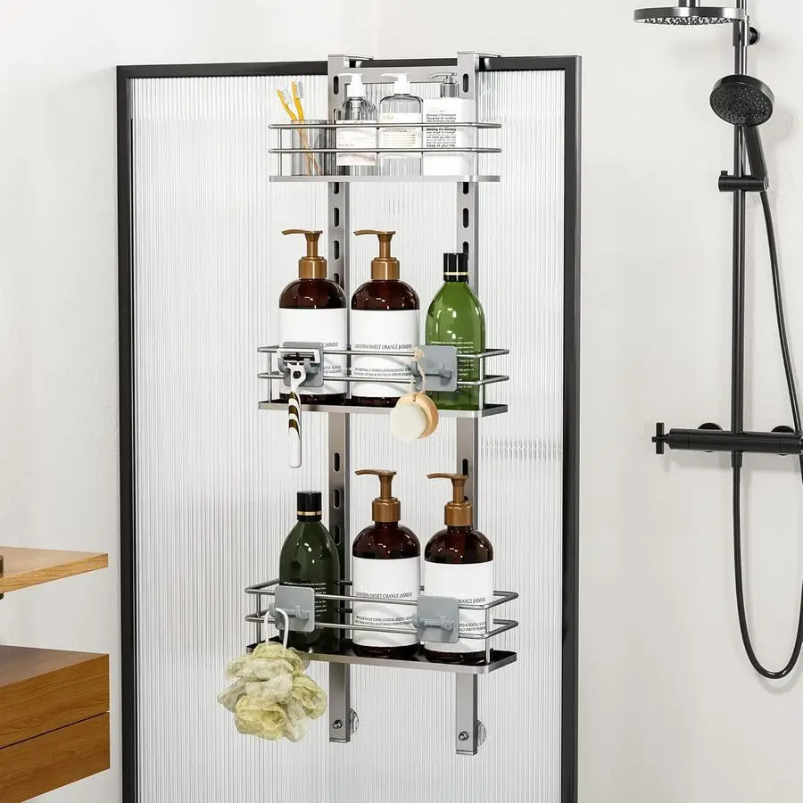 

Adjustable Hanging Over the Shower Door Caddy with Hooks, Bathroom Organizer Shelf Storage Rack,No Drilling Rustproof Basket for