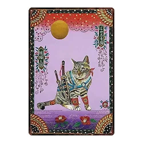 nobrand Japanese Styel Samurai Cat Tattoo Cat Metal Tin Sign Retro 8x12 Inches 12