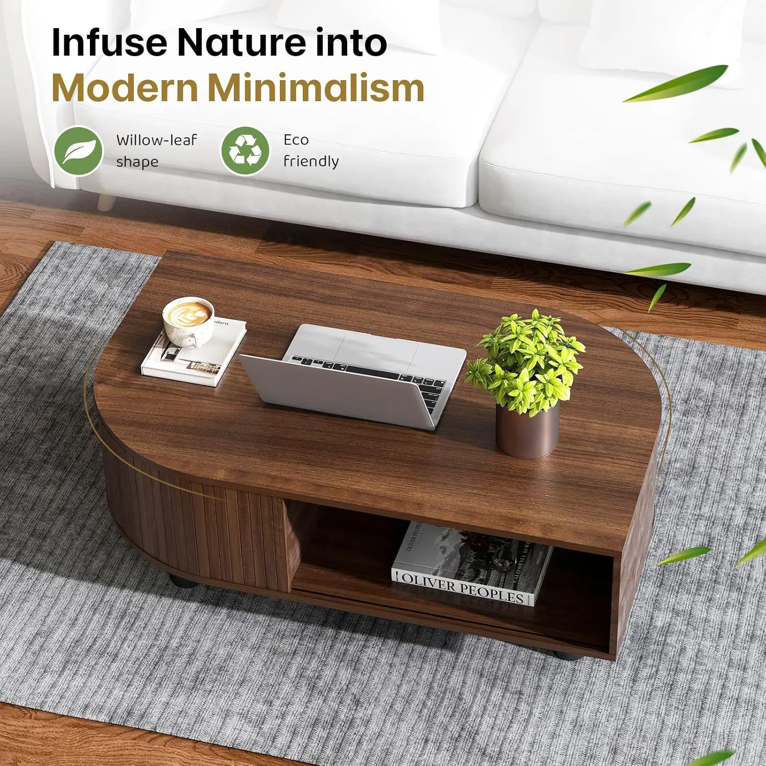 Mid-Century Modern 39.4" Coffee Table - Leaf-Shaped Wood Center Table With Storage, Retro Fluted Central Table With Sliding Door