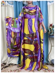 2024 New Fashion African Silk Abayas For Women Dubai Print Soft Summer Loose Femme Robe Party Evening Dress With Belt Turban