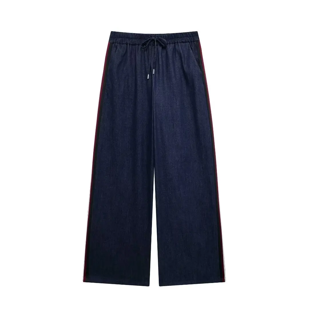 Tangada 2024 Women Blue Denim Jeans Pants Trousers Strethy Waist Pocket Female Wide Leg Pants 3H0897