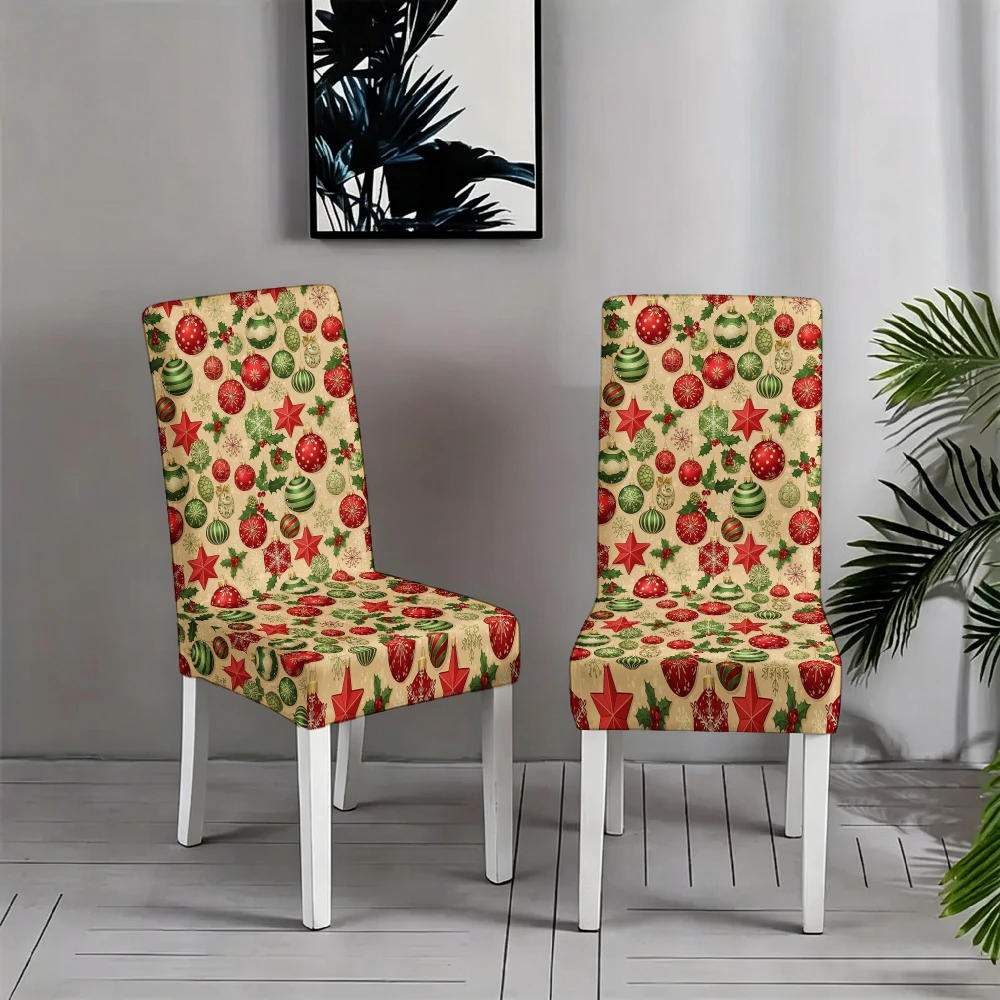 Warm Cream Retro Christmas Ball Star Holly Berry Pattern Stretch Dining Chair Slipcover Farmhouse Xmas Winter Home Decor