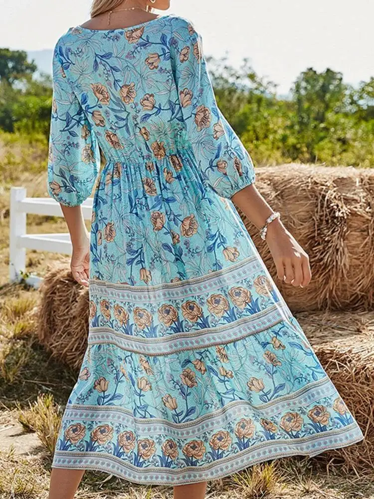 Estate Boho lungo donna moda stampa scollo a V mezza manica abito in cotone elegante casual abiti da spiaggia a vita alta abiti