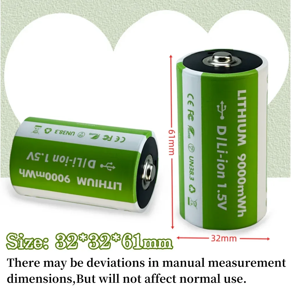 D Size 1.5V 9000mWh D/LR20 Lithium Battery Rechargeable Battery Type C USB Charging Suitable for household appliance, flashlight