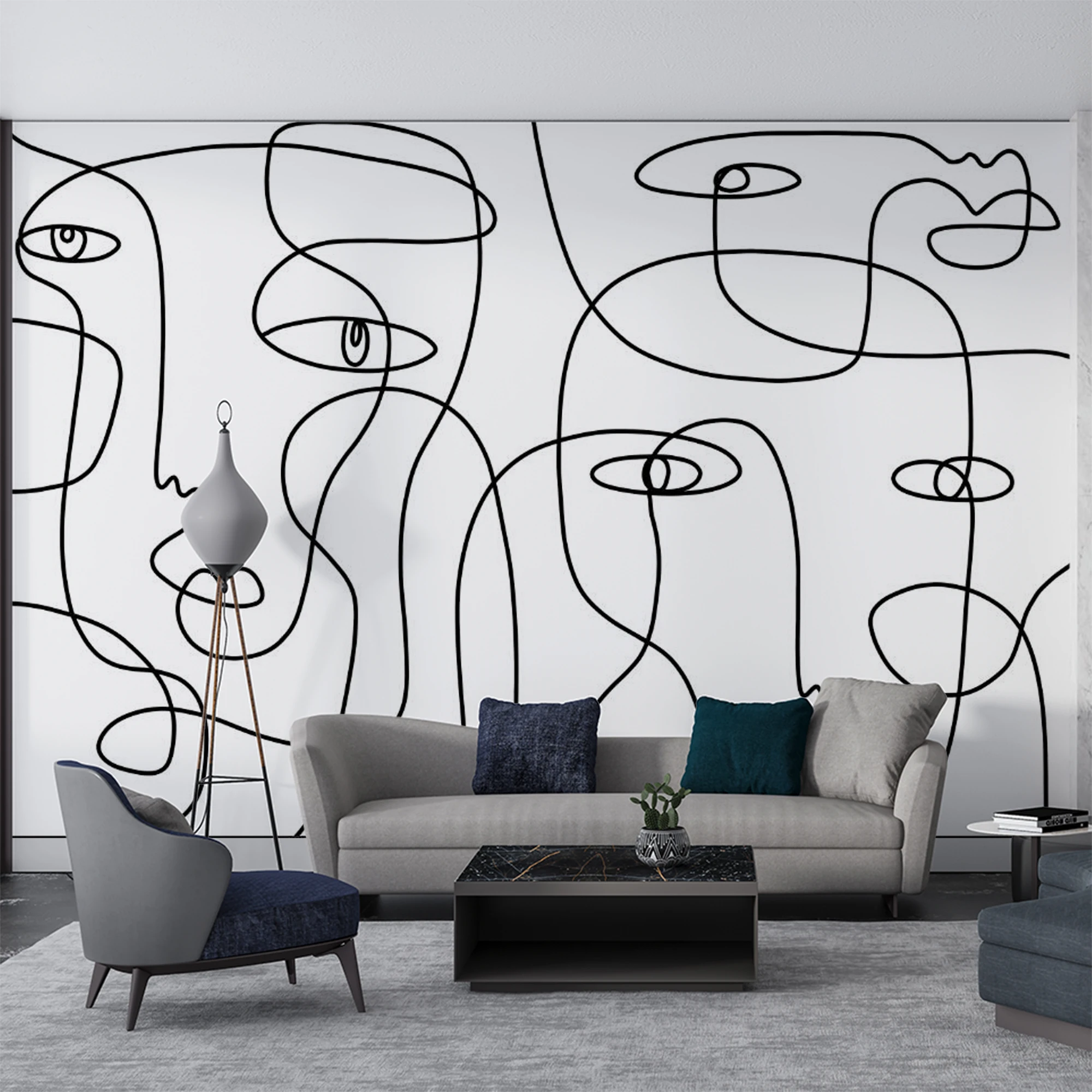 Minimalist Abstract Line Face Wallpaper Custom Self‑Adhesive Wall Mural Black White One Line Drawing Modern Wall Decor For Livin