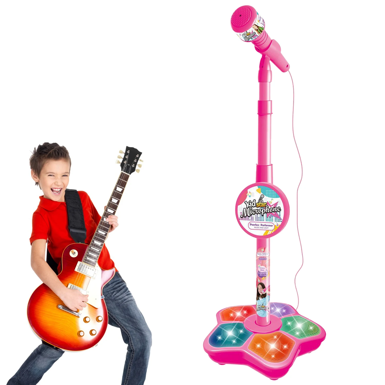 Microfone de pé para crianças, microfone com suporte ajustável para crianças, máquina de karaokê com luzes, festa, brinquedo musical