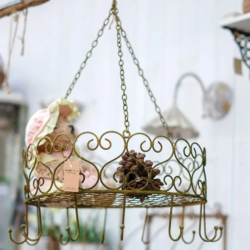 Vintage Style Iron Hanging Wire Basket Adorned Lace Edge with Hooks Perfect for Garden Decor