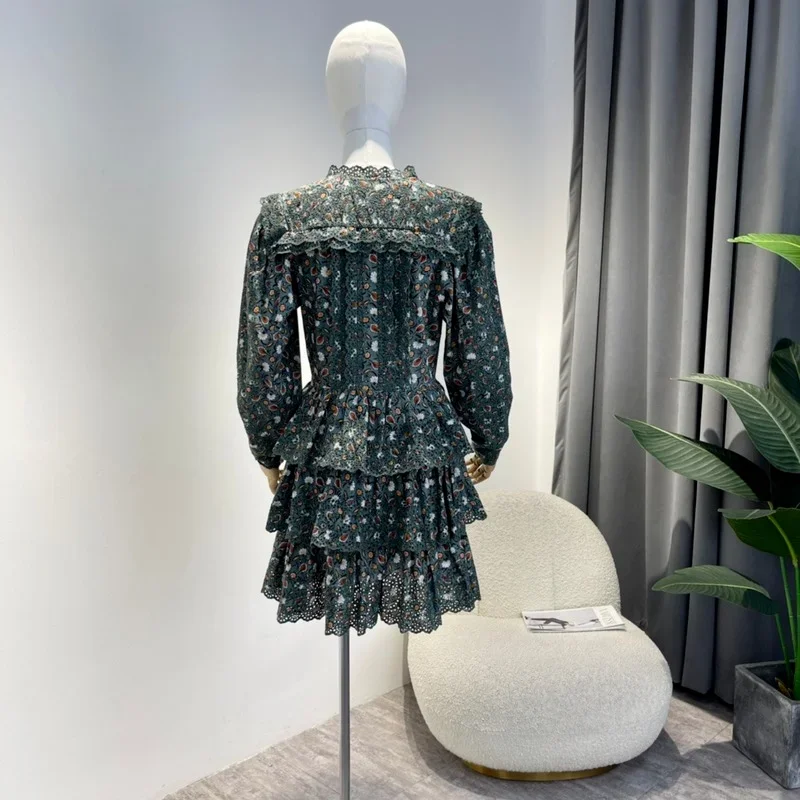 Mini vestido com bolo em camadas de açafrão feminino, qualidade superior, oco, bordado, branco, verde escuro, novo, Primavera, 2022