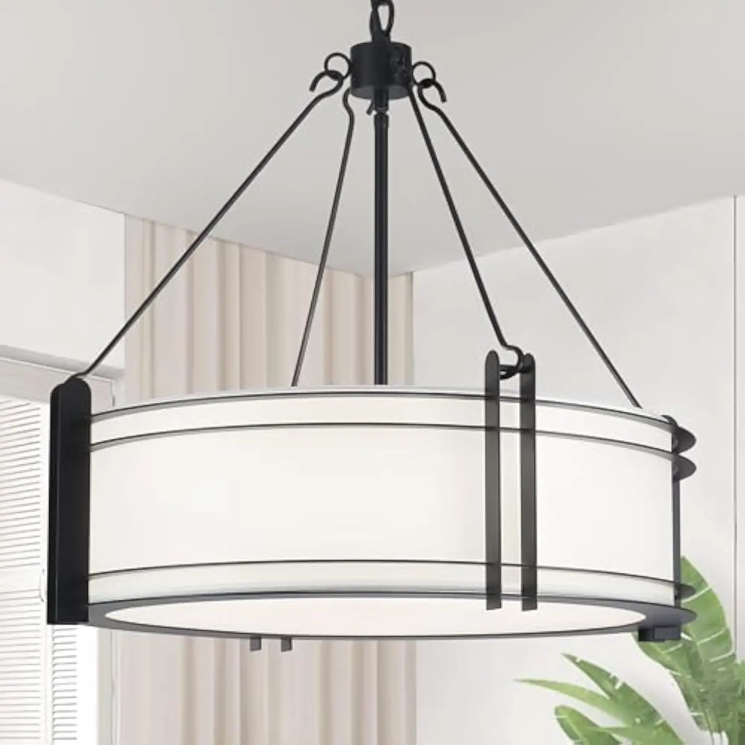 

20'' Black Drum Chandelier 5-Light Modern Farmhouse Chandelier for Dining Room Drum Pendant Light Fixture with White Fabric Sha