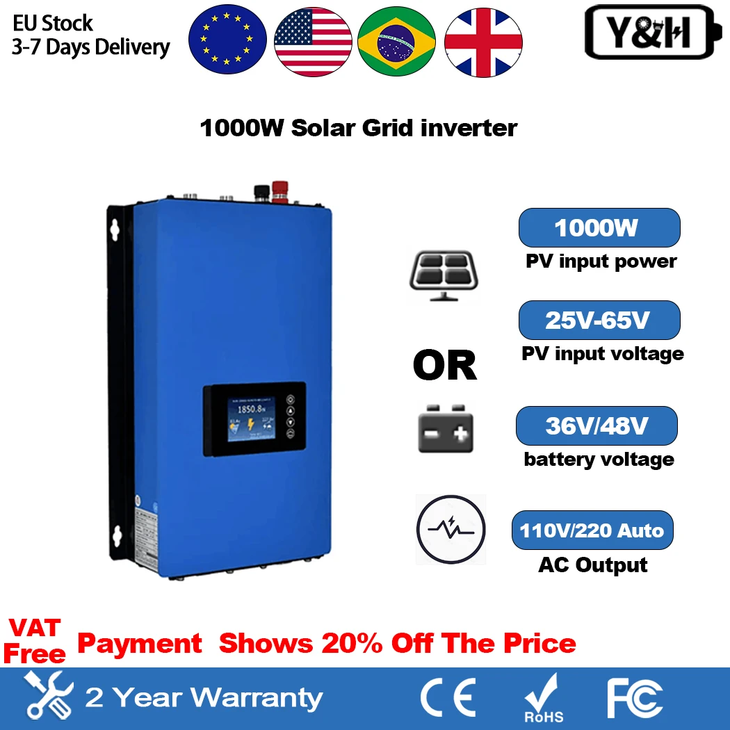 Y&H 1000W  MPPT Grid Tie Solar Inverter With Iimiter 36V 48V Battery Discharge Pure Sine Wave Output DC22-65V AC110/220V Auto