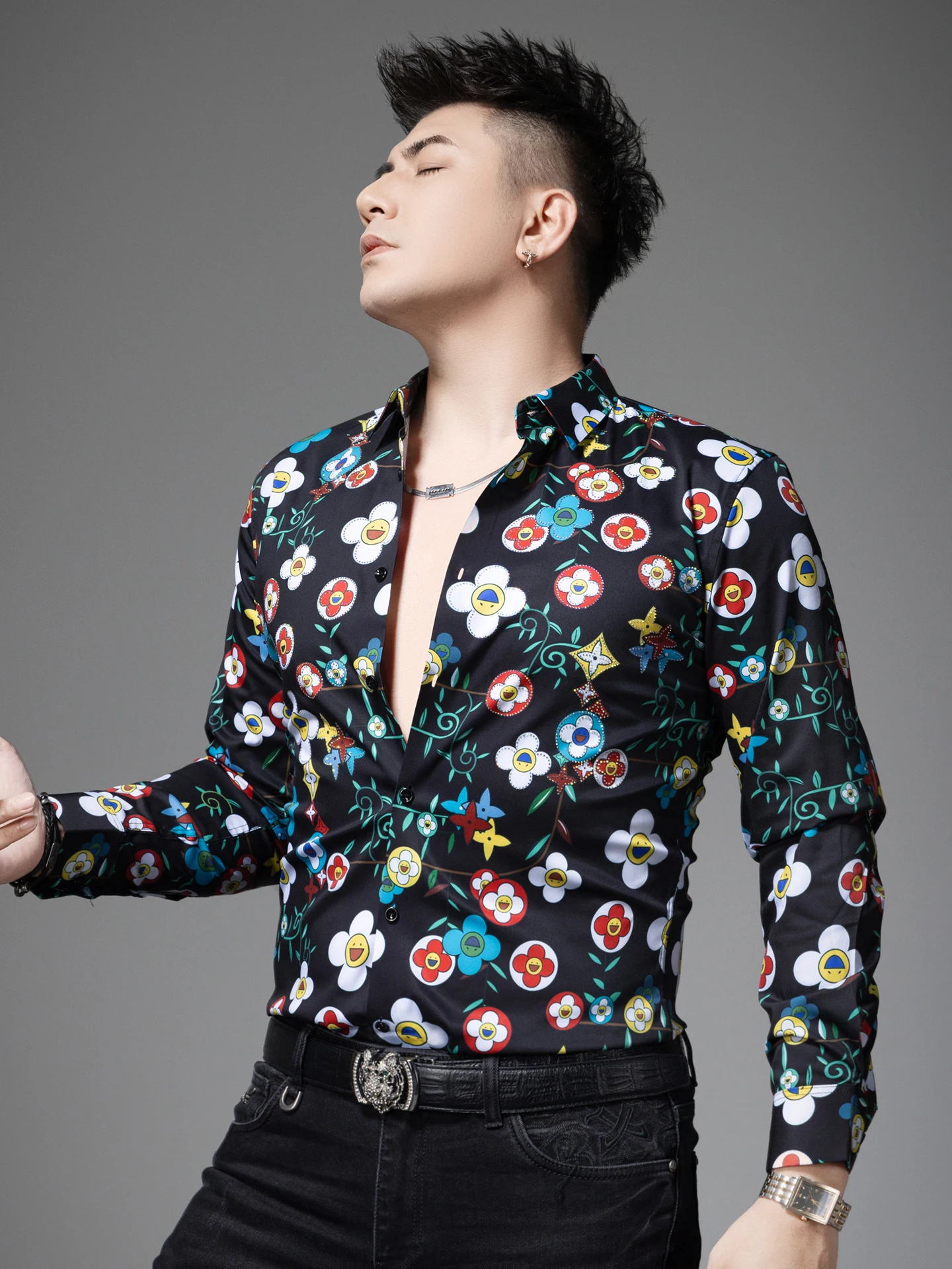 

High-End Luxury Floral Print Casual Long Sve Men's irt Autumn New Sle Comfortable Polyester Fiber Faionable Top