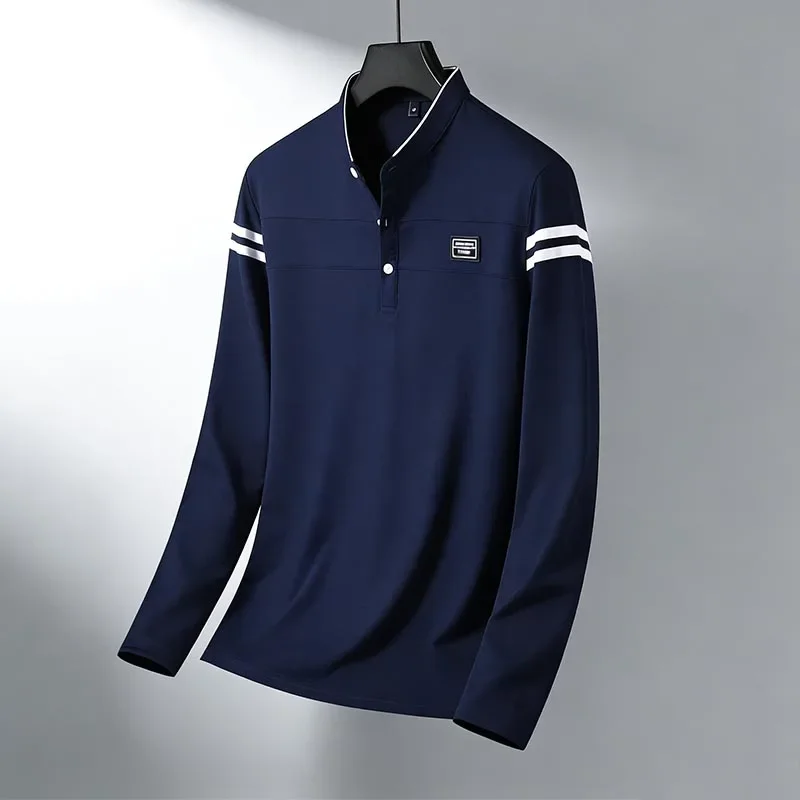 Essential Men's Navy Long Sleeve Polo Shirt with Mandarin Collar – All-Season Basic Wear