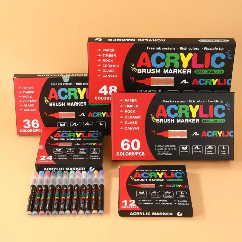 Acrylic Paint Pens Set 12/24/36/48/60 Colors Non-toxic Scratch Resistant for Wood Glass Stone DIY Photo Album Decor