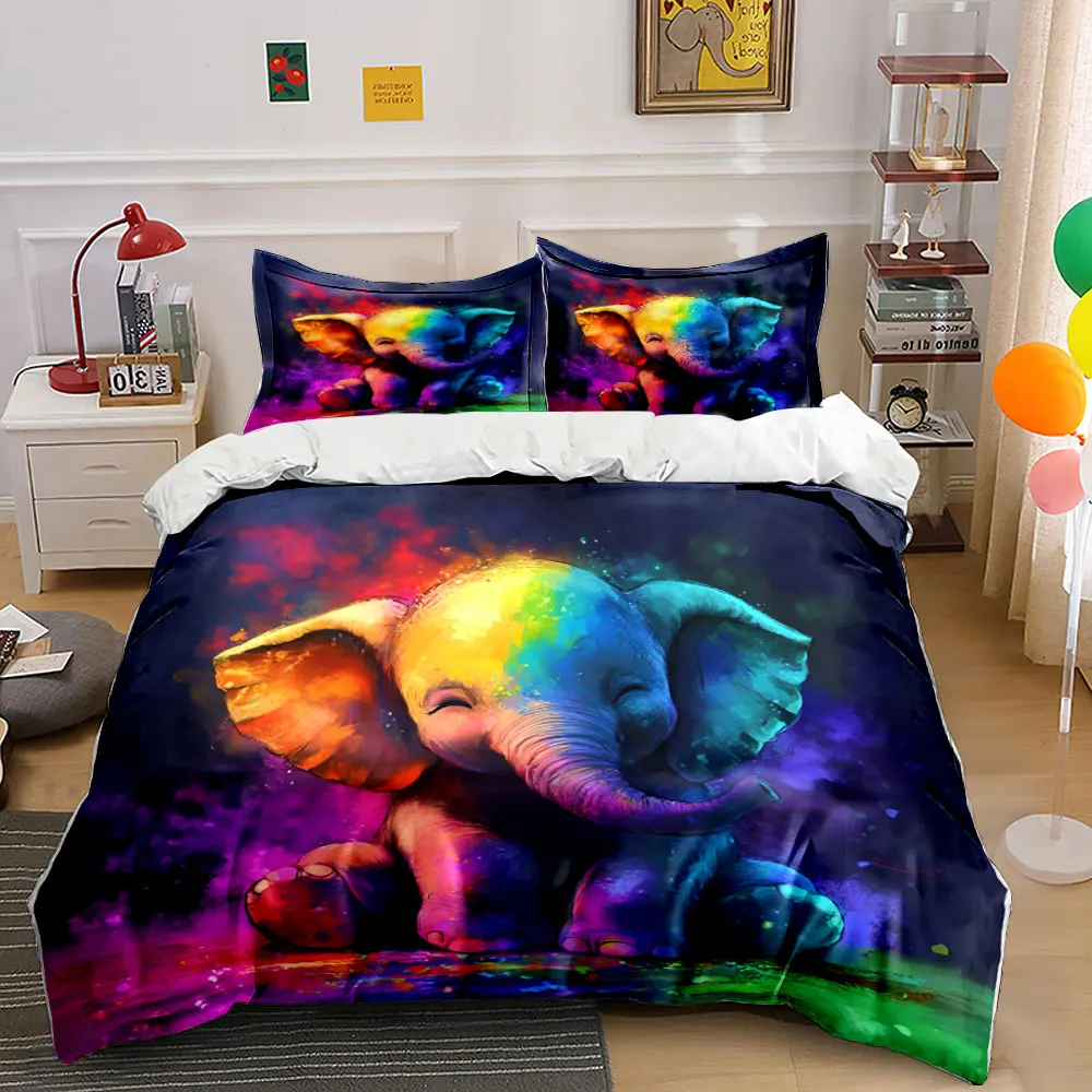 Dreamy rainbow elephant Bedding Set for Kids Luxury Gift 3pcs Digital Print Comforter Set Soft Comfortable Breathable