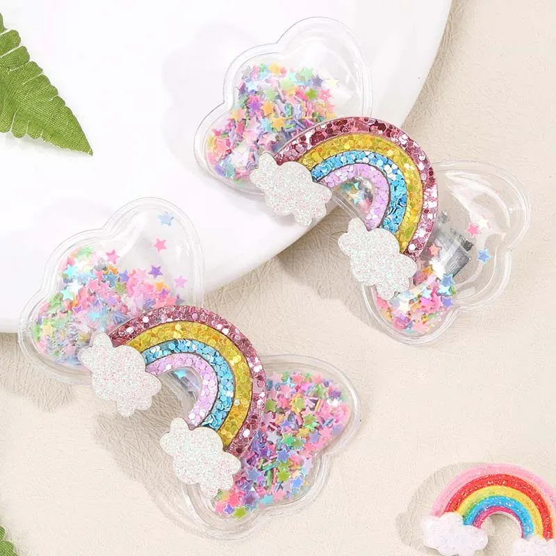 ncmama 2Pcs Rainbow Swan Unicorn Castle Star Hair Bow Clips for Baby Girls Transparent PVC Bow Hairpin Headwear Hair Accessories