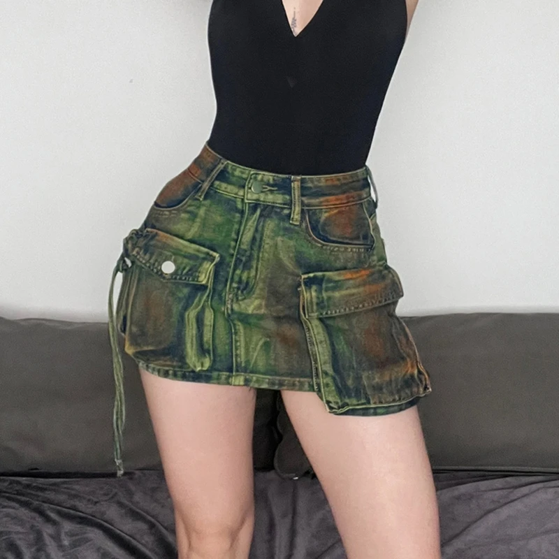 

Women Y2K Vintage Washed Tie Dye Jeans High Waist Slim-Fit Mini Cargo Skirt with Asymmetrical Flap Pockets Patchwork