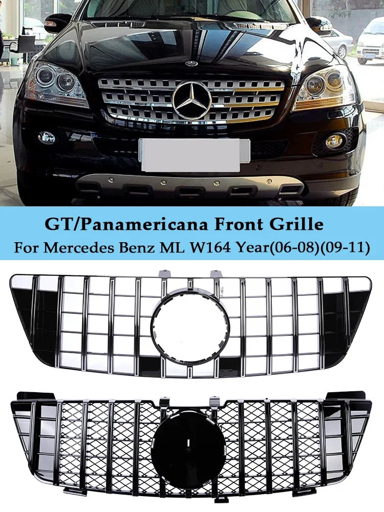 Front Bumper Panamericana GT Grill For Mercedes Benz ML Class W164 Black Chrome Style 350 400 500 Grille 2006-2008 2009-2011