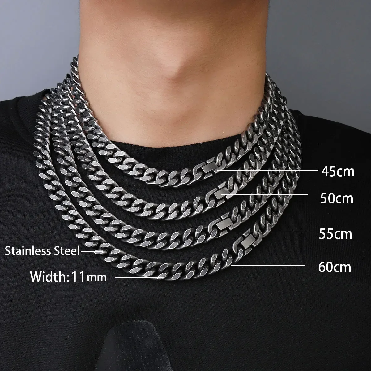 Gun Metal Black Titanium 11mm Figaro Four Sides Cube Chain For Men Hip Hop Stainless Steel Jewelry Waterproof Necklace