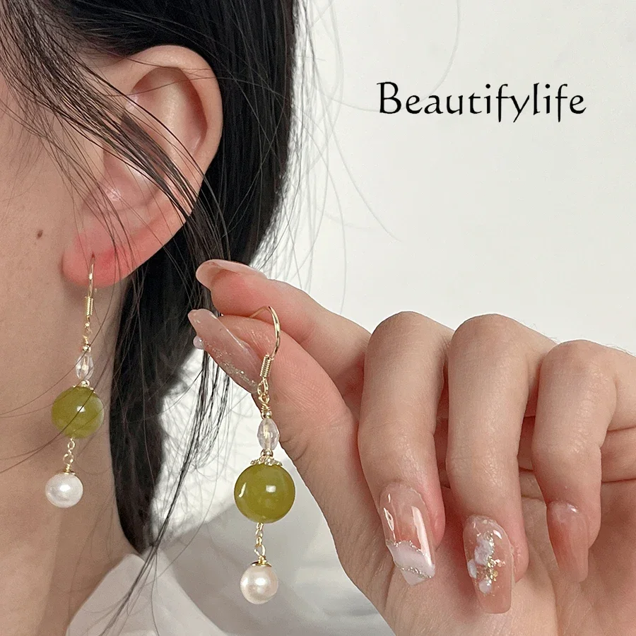 Sweet New Chinese Style Xiuyan Jade Fresh Water Pearl Earrings Artistic Style Ear Hook