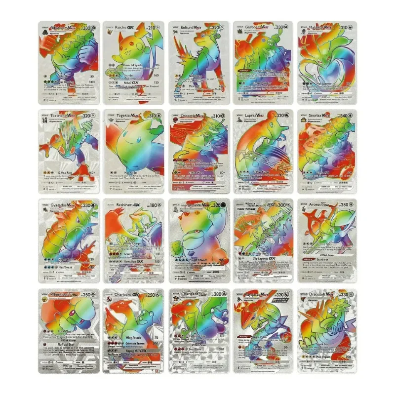 55pcs Pokemon Rainbow Gold Silver Black English Cards Anime Pikachu Charizard Eevee Battle Game Collection Cards Kids Toys Gifts