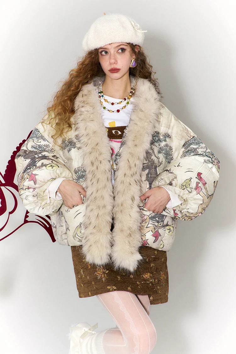ELFSACK Women Puffer Down Jacket 2026 Winter Pony Print Fur Collar Lantern Sleeve New Oriental Style Casual Outerwear