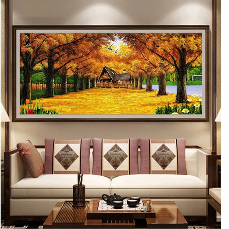 

DIY full Diamond Embroidery,Round Diamond Gold floor Forest Cottage Living room decoration rhinestone beads Diamond painting