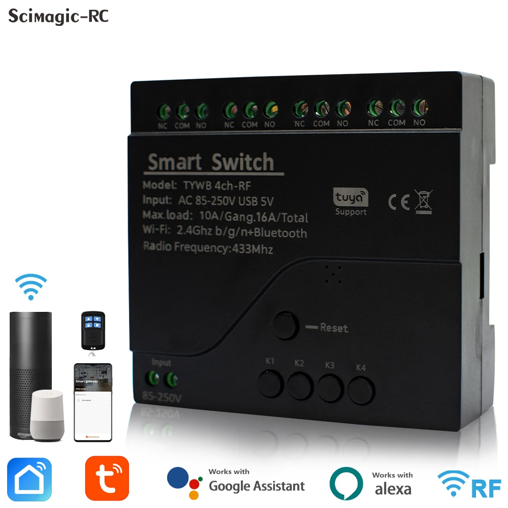 Black 4CH Tuya WiFi Smart Switch Module AC 85-250V USB 5V Relay Have Momentary Toggle Interlock Mode Voice and 433 RF Control